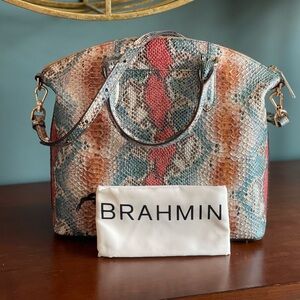 Brahmin Duxbury Satchel in Coral and Blue with Signature Textured Leather
